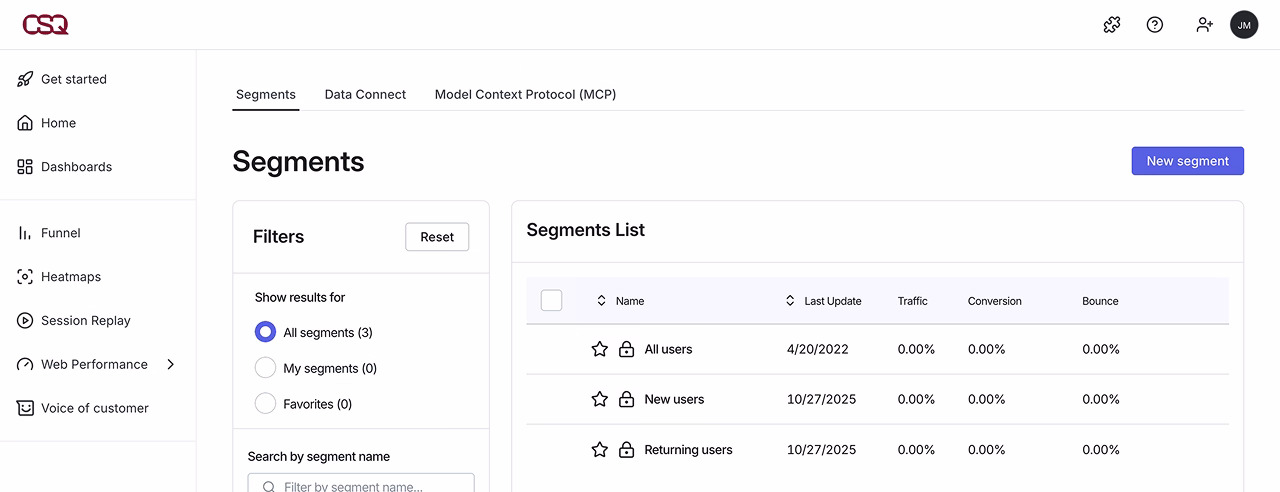 Analysis Setup today: tab navigation across Segments, Mappings and Data Connect
