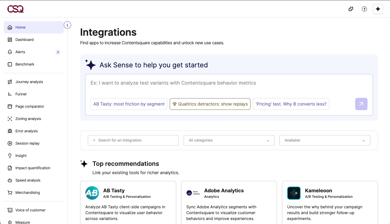 The Sense chat panel: an install nudge for AB Tasty, its confirmation, then an analysis with three findings for the New checkout test