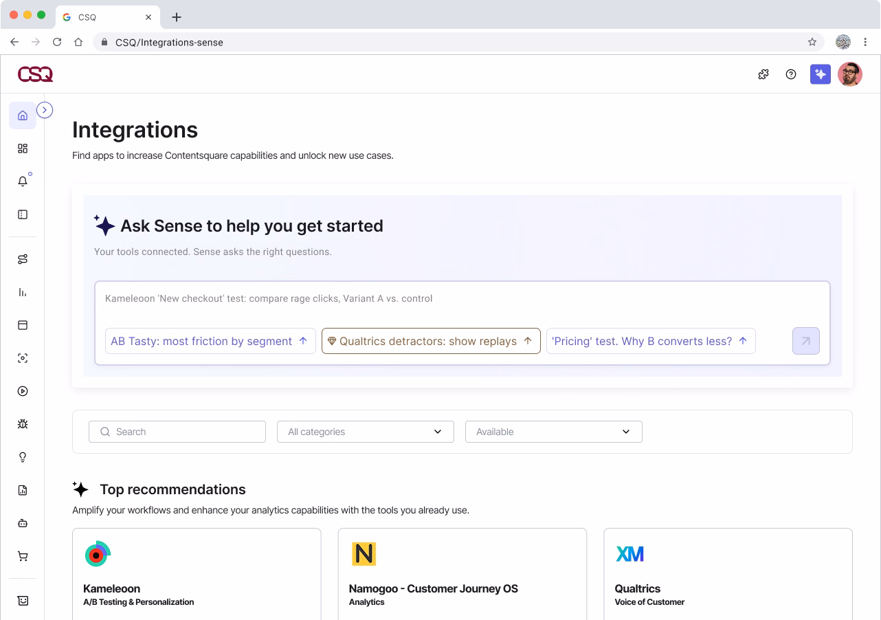 The integrations catalog with the Sense AI banner