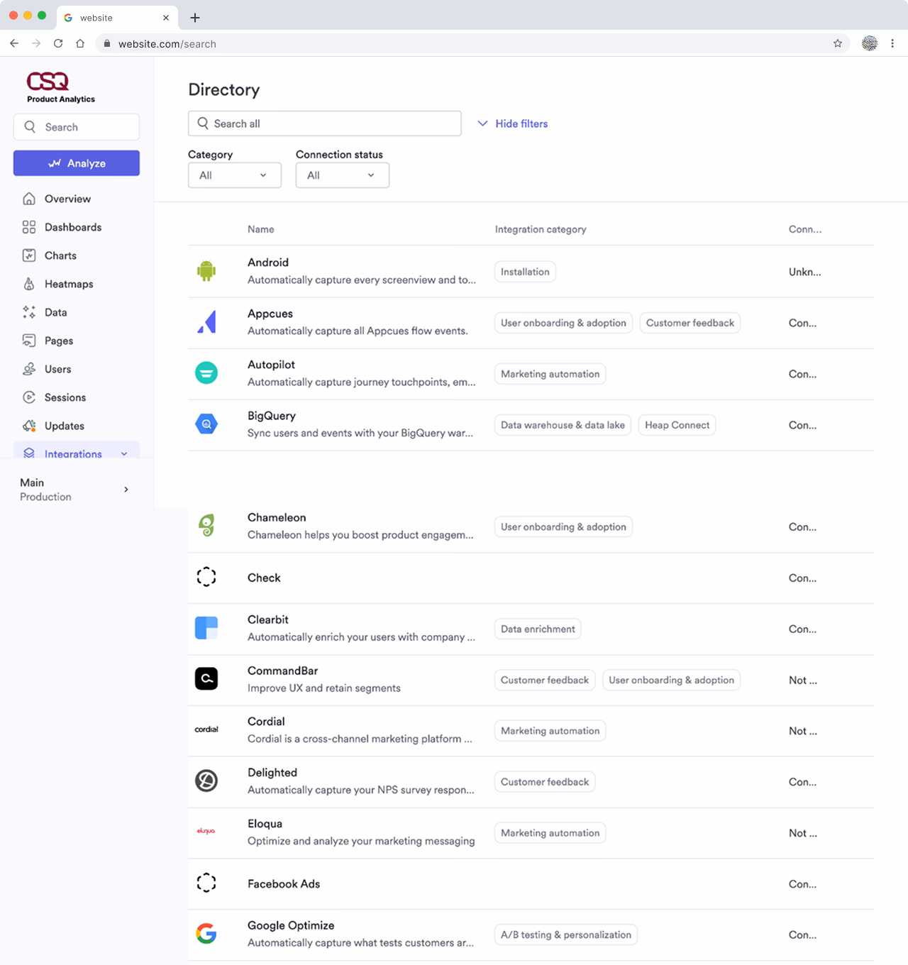 The Heap integrations catalog