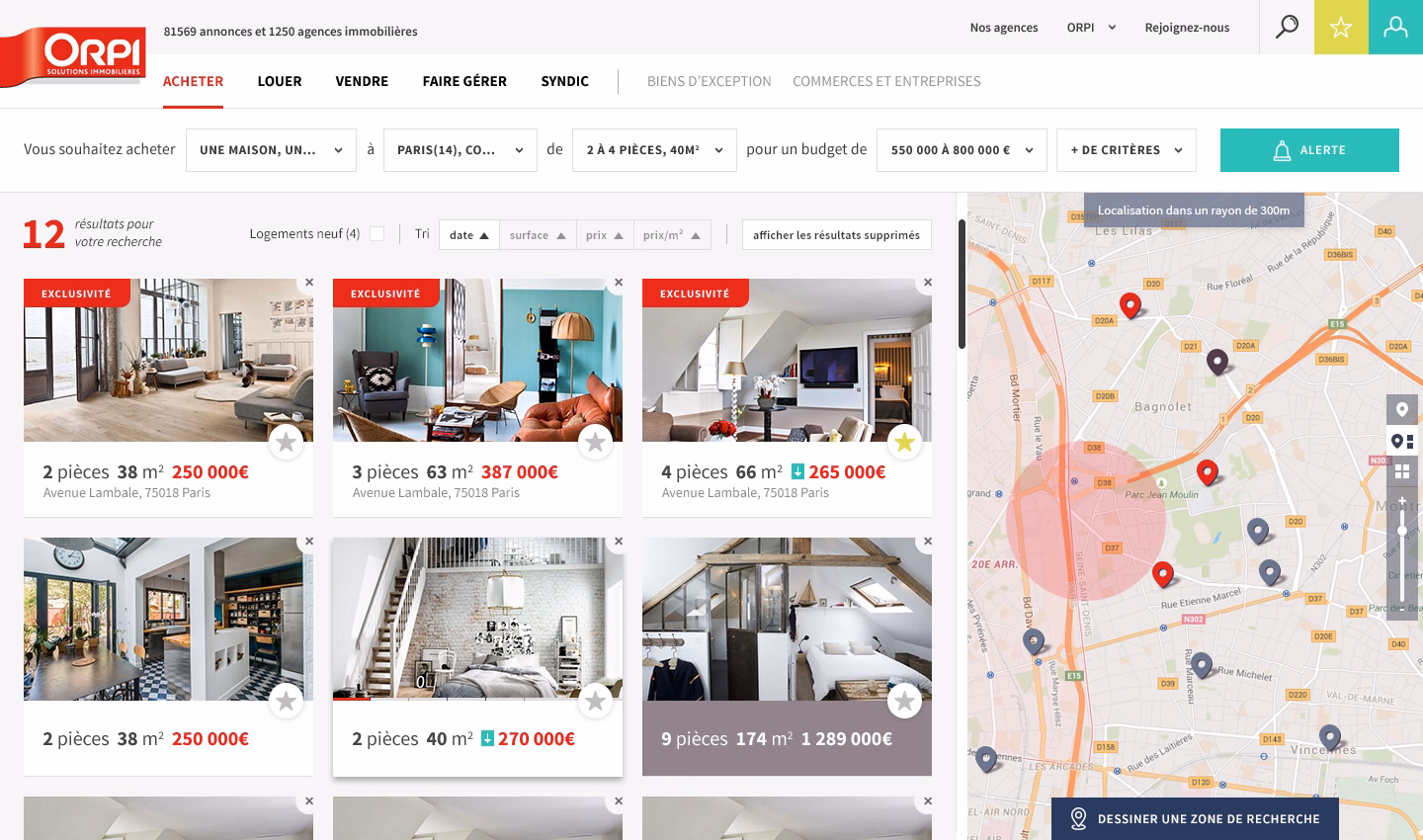 Search results listings beside a map of the search area